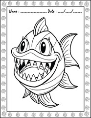 Cute Monster Fish Coloring Pages For Kids. High resolution (300 DPI), ready to print on standard 8.5x11 inch paper  With No Bleed, Black and White Vector illustration AI, EPS, PNG, JPEG.