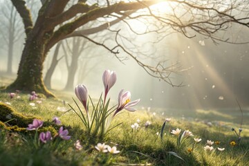 Spring Buds Awakening in Sunlight at a Tranquil Meadow Generative AI