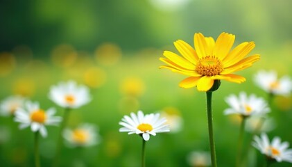 One bright yellow daisy in field of white daisies, special, white daisies, field