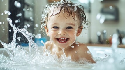 Happy toddler playing in a bubble bath, splashing water.
