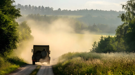 Obraz premium An exploration vehicle driving through a misty rural countryside adventure
