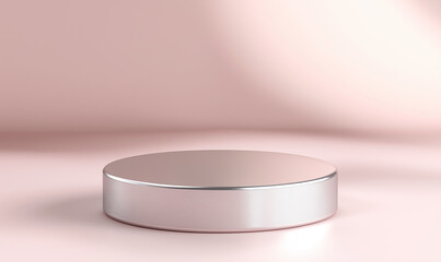 Glossy pink podium on soft pastel background with subtle lighting.