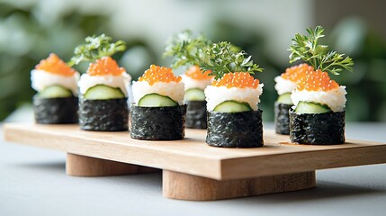 Fresh sushi rolls with rice and caviar