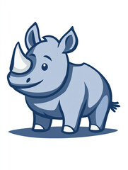 Fototapeta premium A cute cartoon baby rhino with big eyes, two horns, and a friendly expression. The blue rhino stands on a light grey shadow, making it visually appealing and charming.