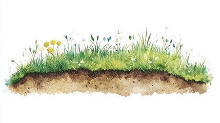Watercolor painting of lush green grass, wildflowers, and soil.