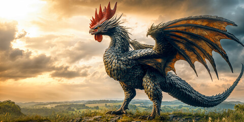 The cockatrice, a dragon rooster hybrid creature, wide banner