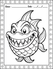 Cute Monster Fish Coloring Pages For Kids. High resolution (300 DPI), ready to print on standard 8.5x11 inch paper  With No Bleed, Black and White Vector illustration AI, EPS, PNG, JPEG.