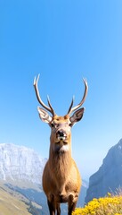 Fototapeta premium Majestic deer stares directly at camera against a mountain backdrop under a clear blue sky