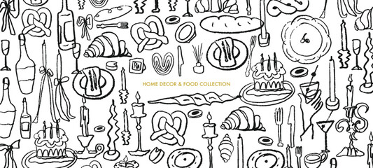 Isolated vector set of hygge cozy homedecor. Decor. Candles, food, restaurant, dishes, baguette, candelabra, France, breakfast, wine, bow, cutlery. Menu and decoration of the party. Hand drawn doodles