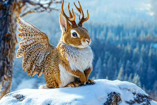 A wolpertinger in winter snow, mythical hybrid creature of German folklore