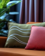 Olive and coral cushions rest on burnt orange sofa