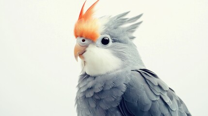 Obraz premium Close-up portrait of a grey and orange cockatoo parrot against a white background.