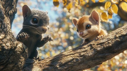 Two adorable baby squirrels on a branch