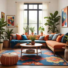 Bright Sectional Living Room with Orange and Blue Decor Generated AI Image