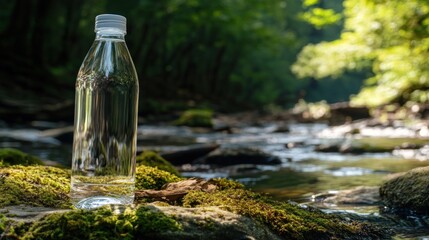 Transparent plastic water bottle rests on mossy rocks beside a clear stream.