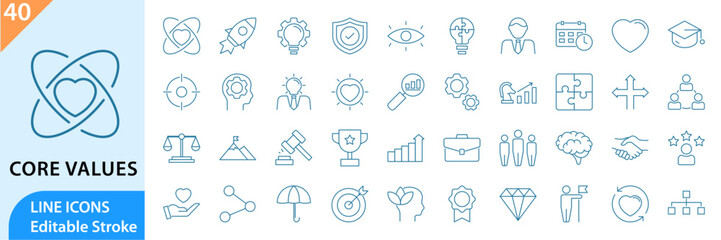Core values line icons set. Core Values thin line icons set. Core value set of web icons in line style. vector illustration. Editable stroke.
