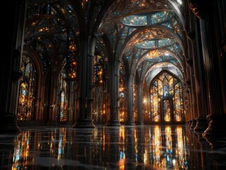 Fototapeta premium Ornate hall with arched architecture and stained glass, filled with light creating reflections on the glossy floor.