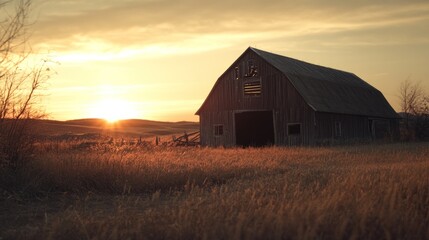 Obraz premium Rustic barn at sunset in a golden field.