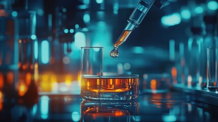 A laboratory scene featuring a pipette dispensing liquid into a glass container.