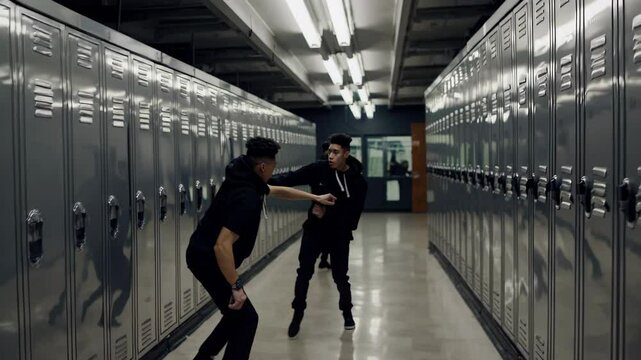 Storyboard depicting intense confrontation between male high school students near metal lockers, visualizing escalating physical conflict and underlying school violence dynamics