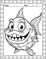 Cute Monster Fish Coloring Pages For Kids. High resolution (300 DPI), ready to print on standard 8.5x11 inch paper  With No Bleed, Black and White Vector illustration AI, EPS, PNG, JPEG.
