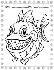 Cute Monster Fish Coloring Pages For Kids. High resolution (300 DPI), ready to print on standard 8.5x11 inch paper  With No Bleed, Black and White Vector illustration AI, EPS, PNG, JPEG.