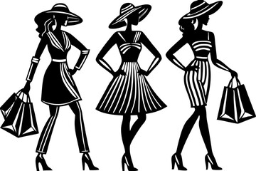 Silhouette of three women standing in a row carrying shopping bags, silhouette, vector, design, women, standing, row, shopping, bags, shopping bags, consumer, female, fashion, lifestyle, sale, shop