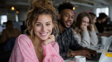 Obraz premium Group of diverse young adults working together in a modern office space, smiling and sharing ideas