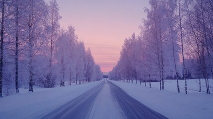 Obraz premium A serene winter road lined with snow-covered trees under a soft pink sky.