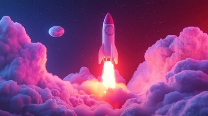 Fototapeta premium Rocket launching through vibrant pink clouds and stars in space.