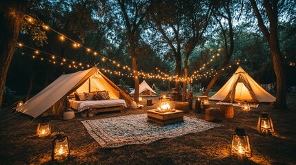 Enchanting glamping site with cozy tents, fire pit, and warm string lights