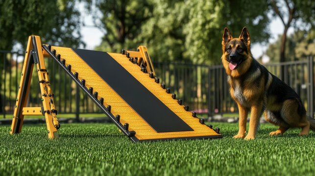German Shepherd Dog on Agility Ramp