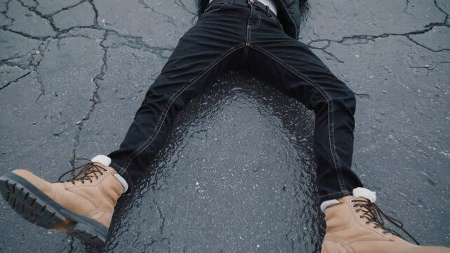 Pedestrian losing balance and dramatically falling on wet urban asphalt, wearing dark jeans and yellow boots while experiencing unexpected slip