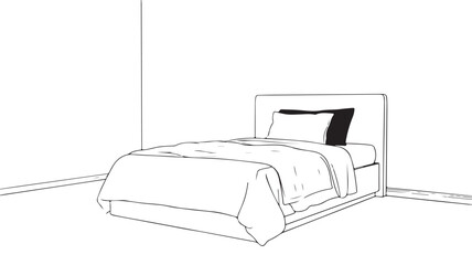 Minimalist vector sketch of a cozy bedroom with a bed and pillow, ideal for interior design or home decor concepts. Perfect for architecture or furniture themes