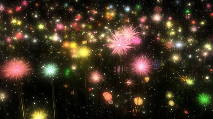 Fototapeta premium Vibrant field of glowing flowers in a starry night, creating a magical, enchanting atmosphere