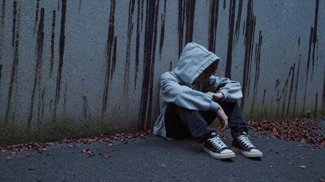 Dejected young man sitting against weathered wall, embodying urban loneliness and emotional struggle, surrounded by fallen autumn leaves and concrete backdrop