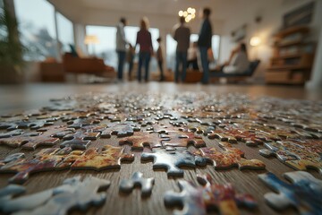 Person doing puzzle at home, group of people enjoying games around jigsaw puzzle on wooden floor in bright living room. Concept of person doing puzzle at home in cozy atmosphere.