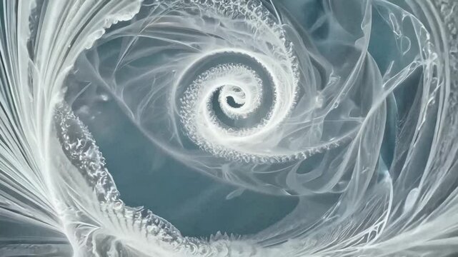 Abstract ethereal white spiral background, flowing liquid silk texture in motion, elegant swirling frost patterns for luxury branding and meditative visuals