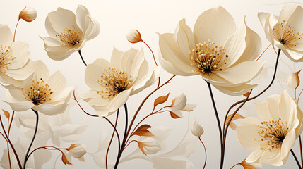 Seamless repeating floral pattern featuring minimalistic monochrome white flowers, ideal for modern wallpaper, banners, and minimalistic decoration.

