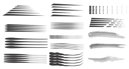 Straight line vector brush strokes. Black hand drawn stripes, smears. Chinese or Japanese calligraphy brushstrokes set. Rough grunge thick paint line texture. Vector sketch rectangle text boxes 