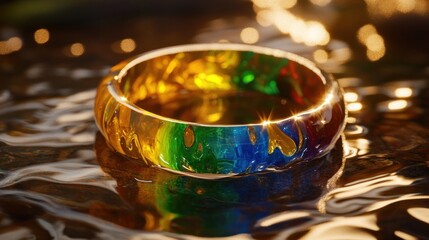 Colorful gemstone ring resting on rippled water surface.