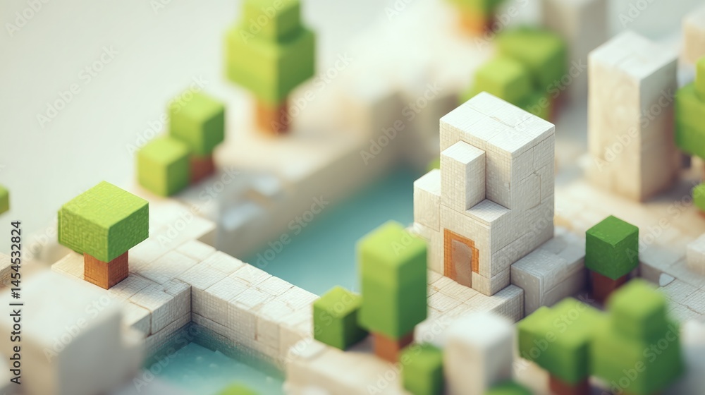 Poster minimalistic 3d game scene featuring simplified geometric structures