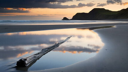 Tranquil coastal scene at dusk with serene reflections and driftwood beauty