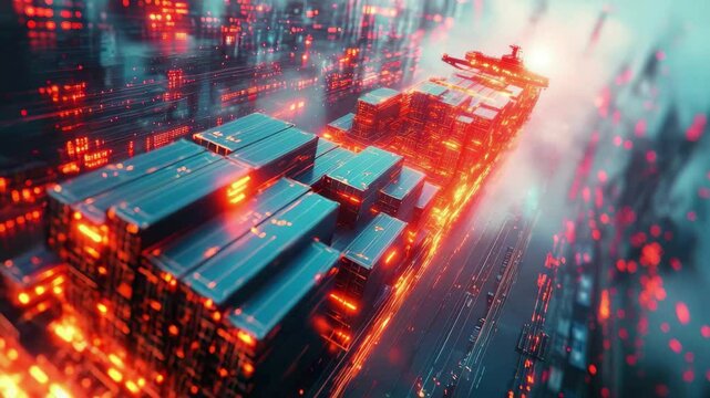 Red and orange object is flying through a city. The object is surrounded by a bright light and he is a ship. The city is filled with buildings and cars, and the sky is cloudy