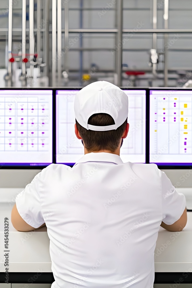 Poster a person in a white cap and shirt monitors three computer screens displaying data charts in an indus