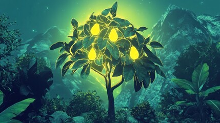 Fototapeta premium A glowing tree with luminous fruits in a mystical landscape.