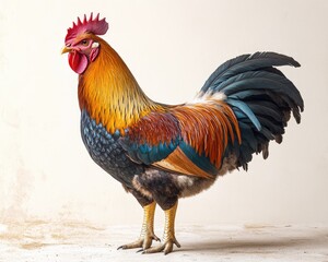 Fototapeta premium Colorful rooster with red comb, detailed feathers, standing against beige background