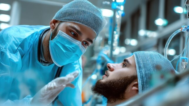 Lifesaving Gaze: A close-up shot captures the intense focus of a surgeon during a critical procedure, his eyes locked with the patient's, evoking trust and expertise in the sterile.