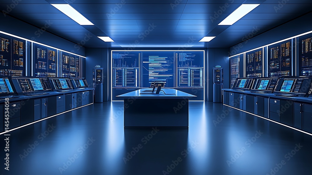Poster high-tech control room featuring advanced monitoring systems and glowing screens with data analysis