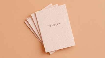 minimalistic arrangement of thank you cards with delicate handwriting on textured paper cards lay scattered on smooth
